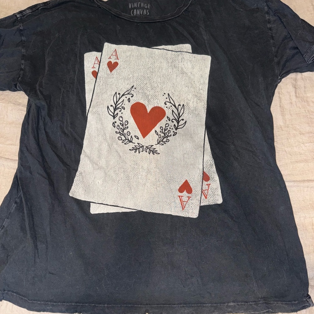 Vintage Canvas Black T-Shirt with Red Heart and Ace Design